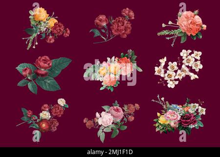 Set di illustrazioni vintage colorate a disegno a mano vettoriale rose primaverili Illustrazione Vettoriale