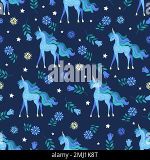 Motivo senza cuciture con unicorni e fiori. Vettore Illustrazione Vettoriale