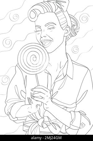 La ragazza sta tenendo un grande lollipop nelle sue mani. Colorazione antistress. Illustrazione in bianco e nero vettoriale. Illustrazione Vettoriale