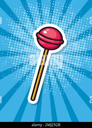 Cartoon lollipop su sfondo blu. Poster pop art. Illustrazione vettoriale. Illustrazione Vettoriale