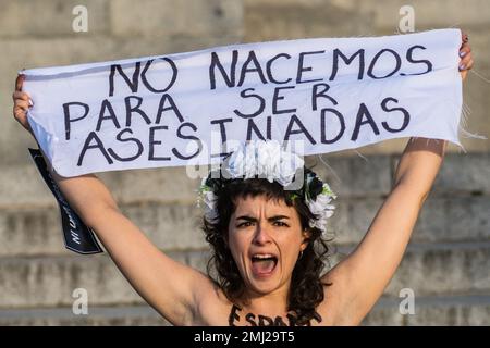 Madrid, Spagna. 27th Jan, 2023. L'attivista del gruppo femminista FEMEN ha in mano un banner con la scritta "non siamo nati per essere uccisi", che protestava contro l'aumento degli omicidi di genere commessi in Spagna negli ultimi mesi. Credit: Marcos del Mazo/Alamy Live News Foto Stock