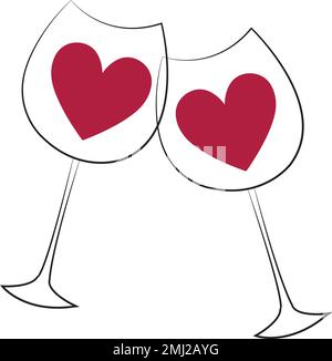 Cuori rossi in bicchieri da vino su sfondo bianco con spazio copia Illustrazione Vettoriale