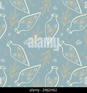 Modello pozione cristalli magia bottiglia stregoneria magia, doodle boho stile, colori pastello. Illustrazione vettoriale Illustrazione Vettoriale