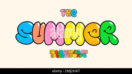 Lettere di bolla sorridente, alfabeto carino in stile cartoni animati graffiti, font divertente per libri per bambini, auguri di compleanno, loghi di giochi per bambini, tipografia camicia Illustrazione Vettoriale