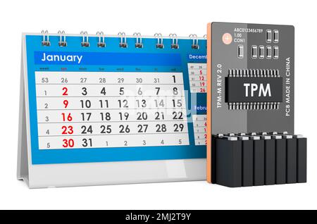 Trusted Platform Module, TPM con calendario da tavolo, rendering 3D isolato su sfondo bianco Foto Stock