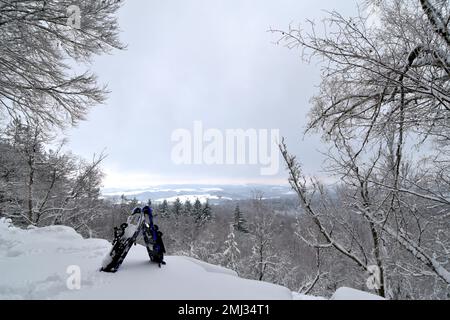 Vista dalla montagna Moerschieder Burr nel Parco Nazionale di Hunsrueck-Hochwald del paesaggio innevato con le racchette da neve in primo piano Foto Stock