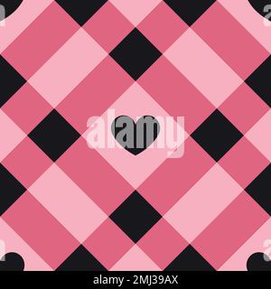 Motivo vettoriale senza cuciture di texture a scacchi con cuori isolati su sfondo rosa Illustrazione Vettoriale