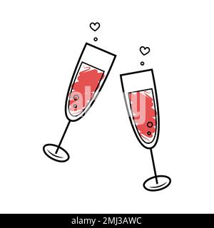 San Valentino. Bicchiere di champagne icona. Festeggiamenti, feste, toast concetti. Illustrazione del vettore isolato in stile doodle. Illustrazione Vettoriale