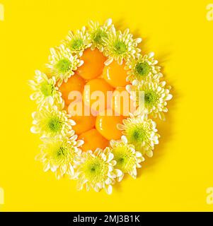 Tuorli crudi freschi disposti a forma di uovo decorato con fiori su sfondo giallo. Concetto di Pasqua insolito. Cibo contenente proteine. Foto Stock