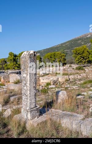 Colonna, sito di scavo, Catagogione, Asclepieione di Epidauro, Antica Città di Epidauro, Peloponneso, Grecia Foto Stock
