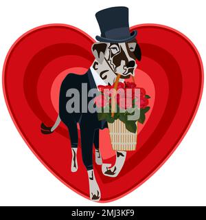 Carino cane da compagnia dalmata con cesto di rose per San Valentino carta, vettore Illustrazione Vettoriale
