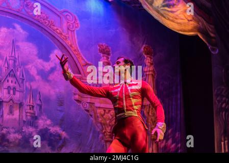 Cangas, Pontevedra, Spagna. 26 gennaio 2023. Danza russa: Andrei Saharnean, durante lo spettacolo. The Nutcracker performance by the International Ballet Company Credit: Xan Gasalla/Alamy Live News Foto Stock