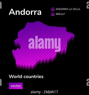 Mappa digitale al neon a strisce isometriche con vettore Andorra stilizzato con effetto 3D. La mappa di Andorra è di colore viola, viola e rosa su sfondo nero Illustrazione Vettoriale