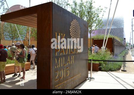 Le persone che entrano nel padiglione del Regno Unito all'Expo Milan 2015 per vedere l'esposizione dell'Hive, un elemento a 14m cubi che usava luce e suono. Foto Stock