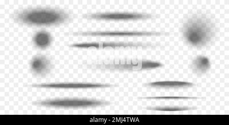 Set di effetti d'ombra circolari ed ellittiche isolati su sfondo trasportatore. Diverse forme morbide realistiche. Collezione di ombre grigie di palla, pacchetto rotondo o ovale sul pavimento. Illustrazione vettoriale Illustrazione Vettoriale