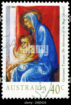 AUSTRALIA - CIRCA 1994: Un francobollo stampato in AUSTRALIA mostra i dettagli di 'Adorazione dei Magi', Madonna col Bambino, di Giovanni Toscani, Natale Foto Stock