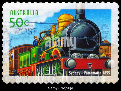 AUSTRALIA - CIRCA 2004: Un francobollo stampato in AUSTRALIA mostra la linea da Sydney a Parramatta, Ferrovie Australiane, 150th° anniversario, serie, circa 2004 Foto Stock