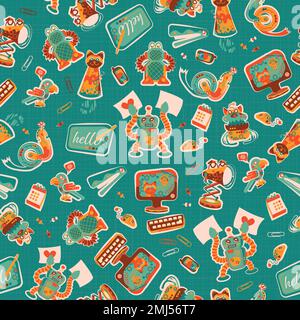 Simpatici e colorati robot da ufficio nei colori verde, arancione, giallo e rossastro su sfondo a benzina Illustrazione Vettoriale