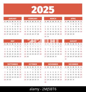 2025 semplice calendario vettoriale. Le settimane iniziano la domenica Illustrazione Vettoriale