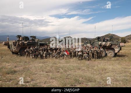 I soldati del 3rd° Squadrone, 61st° reggimento di cavalleria, 4th° divisione fanteria, si riuniscono per una foto di gruppo il 25 agosto 2022, Fort Carson, Colorado. I soldati erano fuori sul campo per partecipare a un allenamento al plotone. Foto Stock