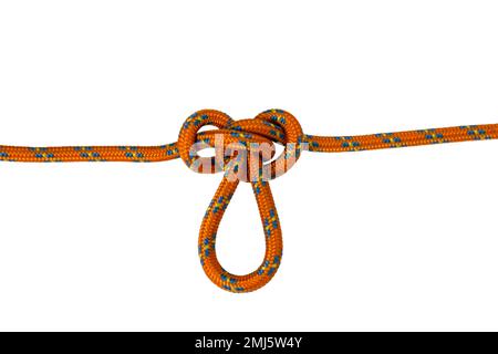 Alpine Butterfly Knot, esempio di corda arancione, sfondo bianco Foto Stock