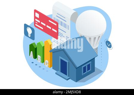 Fattura isometrica, pagamento per elettricità. Concetto di bollette e risparmio di risorse. Spese di consumo di elettricità. Persone che pagano utilità, e. Illustrazione Vettoriale