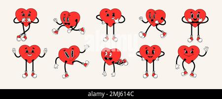 Emoji alla moda Hipster. Divertenti personaggi del cartone animato Hearts. Set di adesivi, patch e spille per fumetti. Illustrazione vettoriale in stile cartoon retrò alla moda. Illustrazione Vettoriale