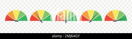 Misuratore di scala con barra bassa, alta e media. Grafico del rischio di livello o qualità del controllo. Illustrazione con isolamento vettoriale Illustrazione Vettoriale