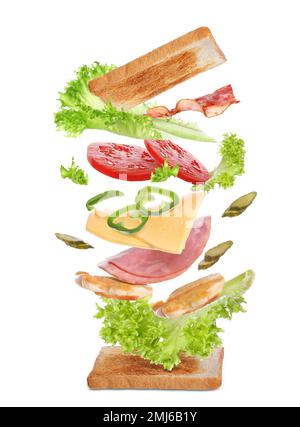 Delizioso sandwich con pane tostato su sfondo bianco Foto Stock