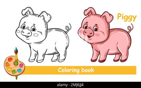 Carino piggy, piccolo allevamento di suini animali bambini colorazione libro pagina. Simpatico maialino. Carattere di porco rurale. Gioco di educazione logica prescolare del capretto. Vettore Illustrazione Vettoriale