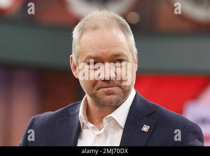 Secaucus, Stati Uniti. 26th Jan, 2023. Hall of Fame Electee Scott Rolen parla una conferenza stampa televisiva alla rete MLB venerdì 27 gennaio 2023 a Secaucus, New Jersey. Foto di John Angelillo/UPI Credit: UPI/Alamy Live News Foto Stock