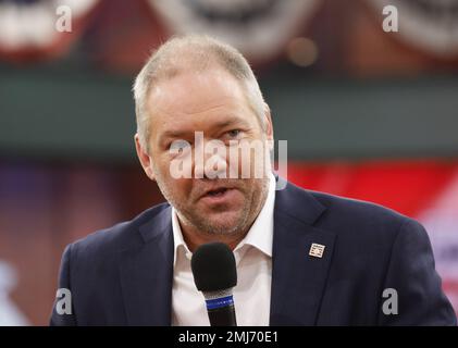 Secaucus, Stati Uniti. 26th Jan, 2023. Hall of Fame Electee Scott Rolen parla una conferenza stampa televisiva alla rete MLB venerdì 27 gennaio 2023 a Secaucus, New Jersey. Foto di John Angelillo/UPI Credit: UPI/Alamy Live News Foto Stock