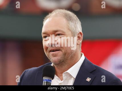 Secaucus, Stati Uniti. 26th Jan, 2023. Hall of Fame Electee Scott Rolen parla una conferenza stampa televisiva alla rete MLB venerdì 27 gennaio 2023 a Secaucus, New Jersey. Foto di John Angelillo/UPI Credit: UPI/Alamy Live News Foto Stock