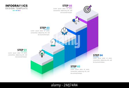 Modello infografico con icone e 5 opzioni o passaggi. Scale isometriche. Può essere utilizzato per il layout del flusso di lavoro, il diagramma, il banner, il webdesign. Illustrazione vettoriale Illustrazione Vettoriale