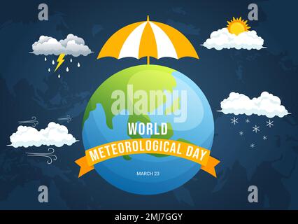 Illustrazione della Giornata Meteorologica Mondiale con la Scienza Meteorologica e la ricerca del tempo in Cartoon piano disegnato a mano per i modelli della pagina di atterraggio Illustrazione Vettoriale