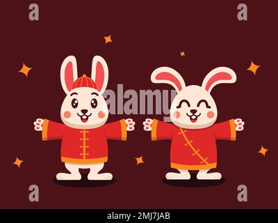 Elemento piatto di due conigli cinesi carini. Festeggiamo il nuovo anno lunare. Progettazione vettoriale. Illustrazione Vettoriale