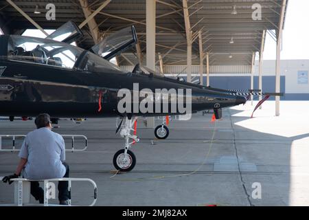 Viviane Richardson, 509th meccanico di velivoli di Bomb Wing, ammira la manutenzione che ha fornito su un addestratore del caccia del getto del T-38 Talon alla base dell'aeronautica di Whiteman, Missouri, 25 agosto 2022. I meccanici aeronautici di Whiteman contribuiscono all'obiettivo della deterrenza strategica garantendo che i piloti del bombardiere Spirit Stealth B-2 ottengano l'addestramento necessario per mantenere la missione sempre pronta. Foto Stock