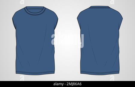 T-shirt a manica corta a vestibilità regolare tecnica modello piatto di moda. Illustrazione vettoriale disegno di base dell'abbigliamento Vista anteriore e posteriore. Illustrazione Vettoriale