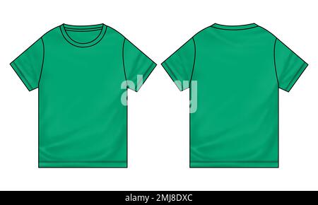 Manica corta Basic T shirt tecnica generale disegno piatto disegno vettoriale modello vista frontale e posteriore. Abbigliamento mock up per gli uomini Illustrazione Vettoriale