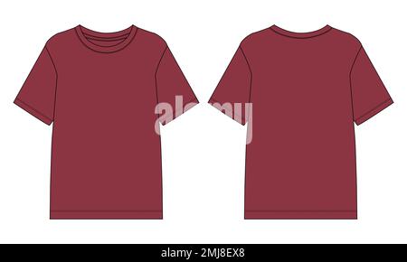 Manica corta Basic T shirt tecnica generale disegno piatto disegno vettoriale modello vista frontale e posteriore. Abbigliamento mock up per gli uomini Illustrazione Vettoriale