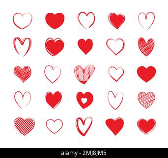 Set di simboli del cuore rosso. Icona dell'amore disegnata a mano isolata su sfondo bianco. Illustrazione Vettoriale