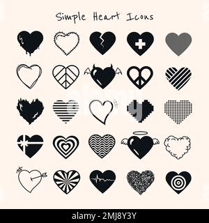 Set vettoriale icona cuore semplice nero Illustrazione Vettoriale