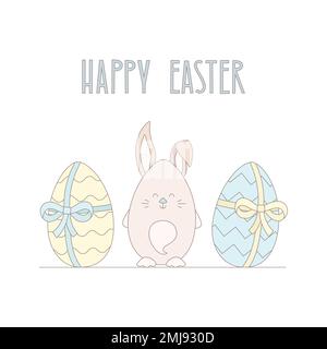 Carino pasqua vettore illustrazione con coniglio, uova di festa, saluto per il biglietto, banner, posta. Illustrazione Vettoriale