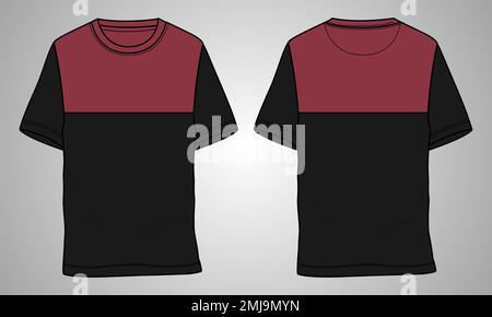 Manica corta Basic T shirt tecnica generale disegno piatto disegno vettoriale modello vista frontale e posteriore. Abbigliamento mock up per gli uomini Illustrazione Vettoriale