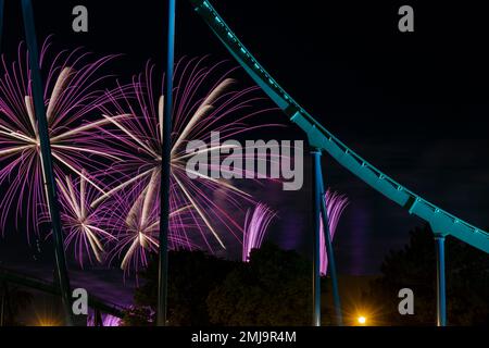 I fuochi d'artificio annuali del Victoria Day presso la famosa Canada's Wonderland (Toronto), visti oltre una delle più spettacolari montagne russe. Foto Stock