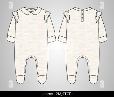 Baby bodysuit tecnica moda sketch modello di moda vettoriale Vista anteriore e posteriore. Illustrazione Vettoriale