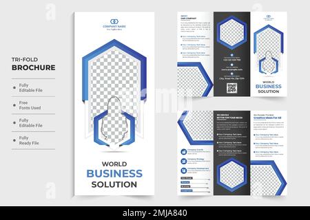 Design della brochure aziendale a tre pieghe con forme esagonali blu. Opuscolo promozionale e poster per il marketing. Adve. Azienda Illustrazione Vettoriale