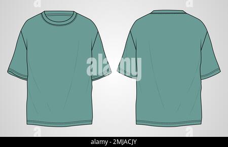 Manica corta Basic T shirt tecnica generale disegno piatto disegno vettoriale modello vista frontale e posteriore. Abbigliamento mock up per gli uomini Illustrazione Vettoriale