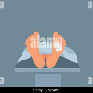 Interno di morgue. Cadaveri che giace nella camera mortuary.Mortuary 2D cartoon interno con letto a rotelle e attrezzature per autopsia e embalming su b Illustrazione Vettoriale