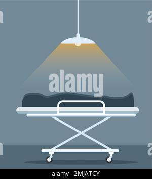 Interno di morgue. Cadaveri che giace nella camera mortuary.Mortuary 2D cartoon interno con letto a rotelle e attrezzature per autopsia e embalming su b Illustrazione Vettoriale